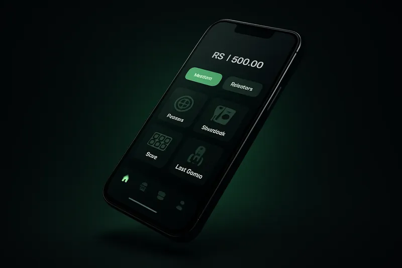 Smartphone moderno flutuando com app de cassino premium em tema escuro