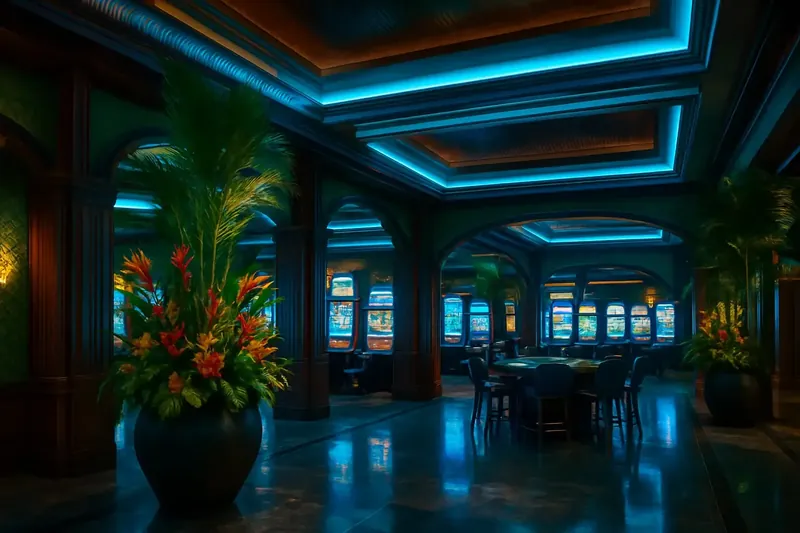 Lobby elegante de cassino brasileiro com decoração tropical e telas de jogos