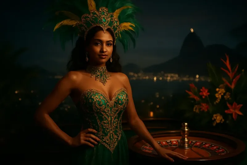 Mulher brasileira confiante ao lado da roleta com skyline do Rio