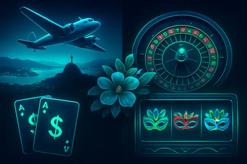 Colagem de jogos de cassino brasileiros com Rio, roleta, blackjack e slots